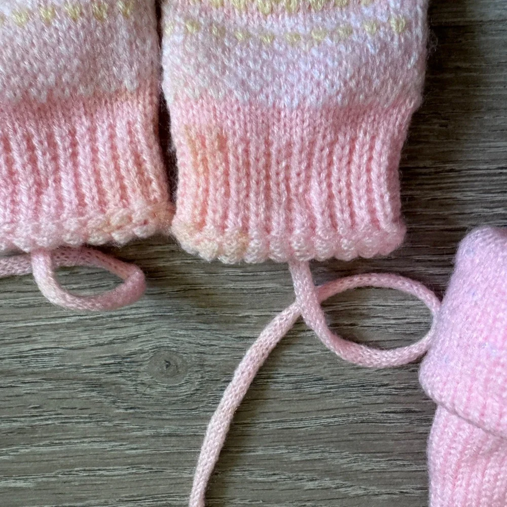 Vintage Pink Fair Isle Knit Baby Hat and String Mitten Set Pom Pom Ear Flaps